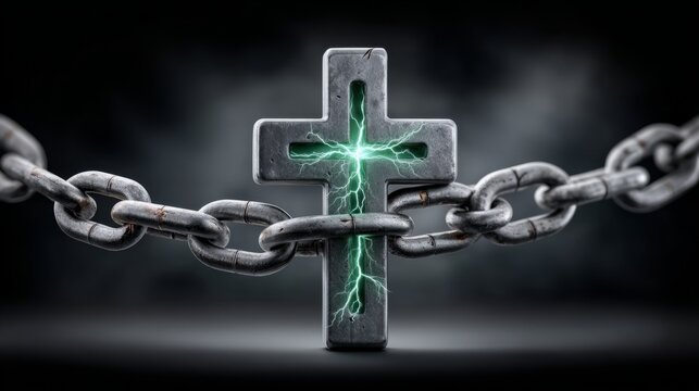 Cross with glowing green light and chains illustrating conflict between faith and restraint