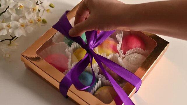 Hands arranging colorful mochi ice cream balls in a luxury gold gift box with white paper cups. Multi-colored Japanese desserts in pink, teal, yellow, blue, and rainbow swirl patterns being placed car