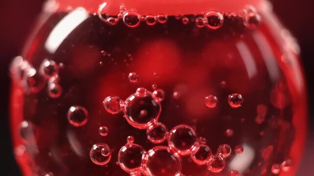 Macro video footage capturing dynamic motion of red bubbles forming and rising within a viscous liquid