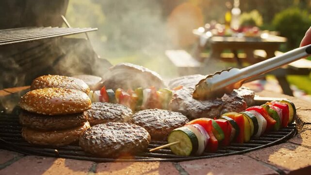 Summertime grilling scene with hamburgers, steaks, vegetable kebabs, and sesame seed buns on a hot barbecue grill in a beautiful backyard.