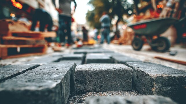 Workers construct a new path using gray stone bricks at an outdoor site.