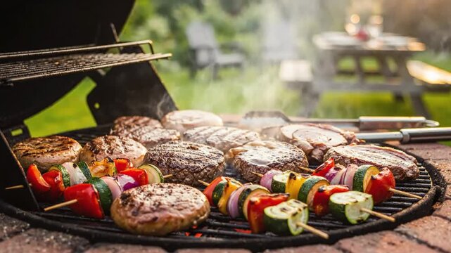 Delicious sizzling barbecue grill with burgers, vegetables, skewers, and meat on a summer backyard evening.