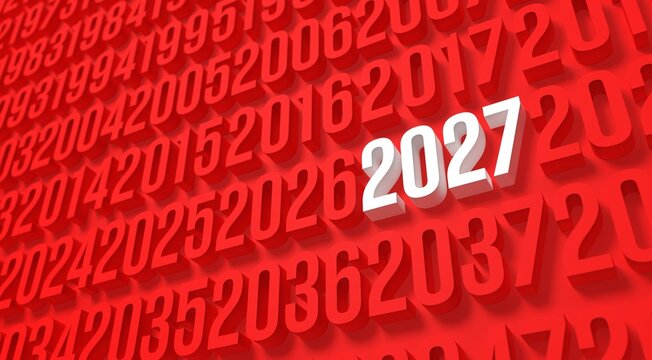 New Year 2027 Concept with Glowing white Number on red Timeline Background