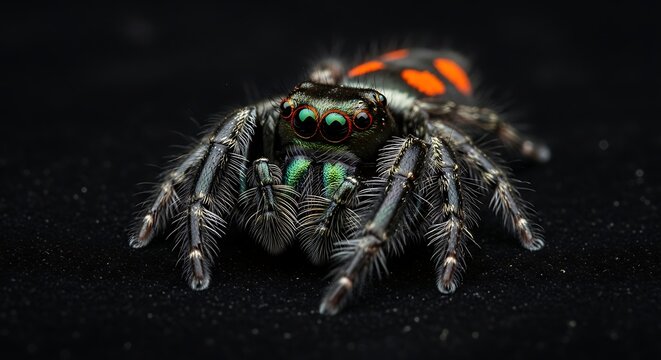 Close-up macro of a colorful jumping spider with large eyes and orange markings