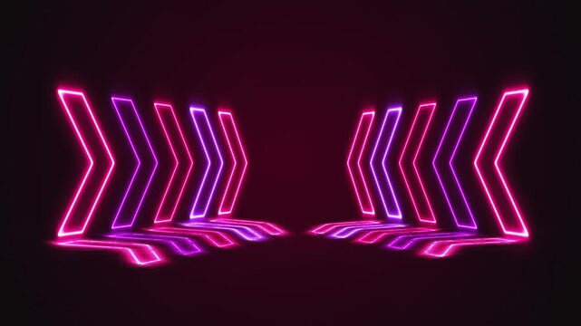 Neon glowing arrows with symmetrical perspective and reflection on dark background, futuristic cyberpunk light tunnel with pink and purple LED lines, abstract technology motion background