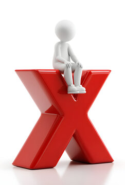 3D Human Sitting on Red X Symbol Concept Isolated on White