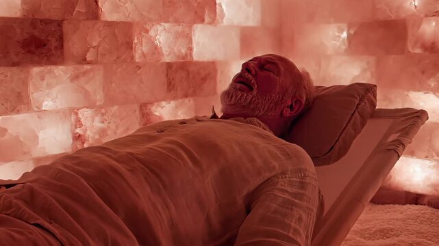 Man relaxing in a salt therapy room, reclined on a chair, surrounded by glowing pink Himalayan salt blocks, symbolizing wellness and relaxation.