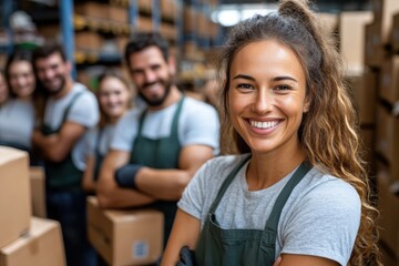 Fototapeta premium Diverse group of smiling volunteers working at a food bank warehouse