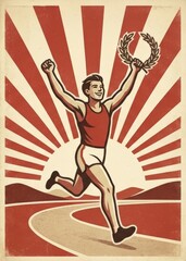 Obraz premium Retro poster style triumphant runner raising arms with laurel wreath