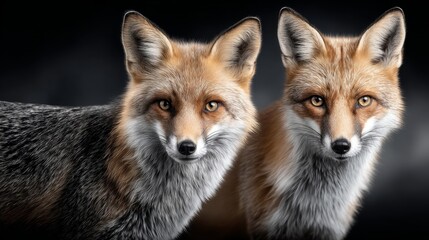 Fototapeta premium Foxes pose together in a dark setting, showcasing their distinct features and expressions