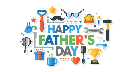 Fototapeta premium Happy Father's Day flat design illustration with various dad-related items like a tie, mustache, tools, and gifts, on a white background.
