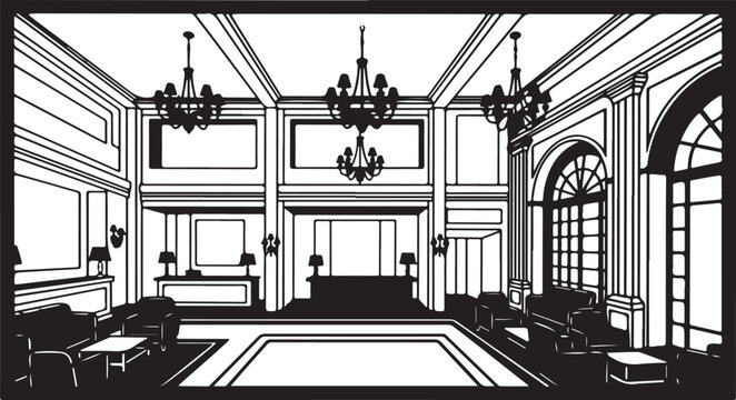 Black and white interior room with chandeliers