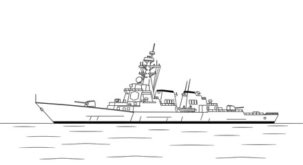 Fototapeta premium Modern Naval Destroyer Warship Line Art Illustration, Military Ship Outline for Coloring and Education