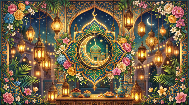 Islamic Ramadan night scene with lanterns and mosque