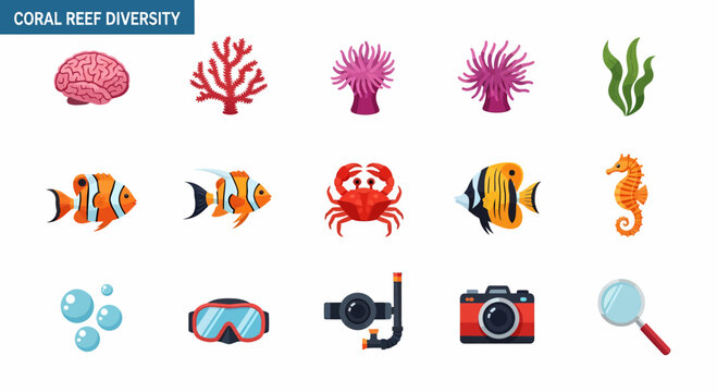Colorful Coral Reef Marine Life Icons.
