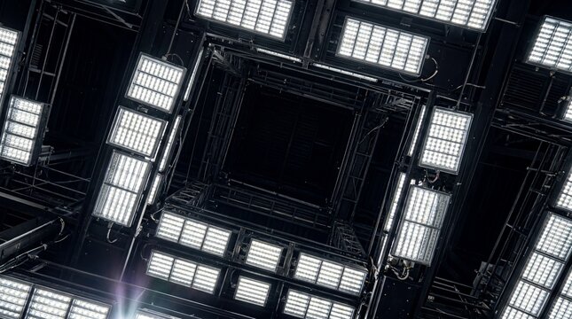 Low Angle View of High-Power Square LED Floodlight Panels on a Dark Metal Industrial Rigging Structure