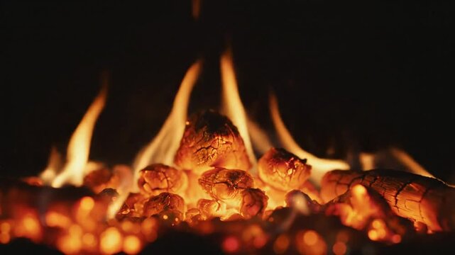 Close-up of a vibrant burning fire with glowing embers and dancing flames against a dark background