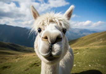 Obraz premium White fluffy alpaca face close up standing on green mountain pasture under bright blue sky