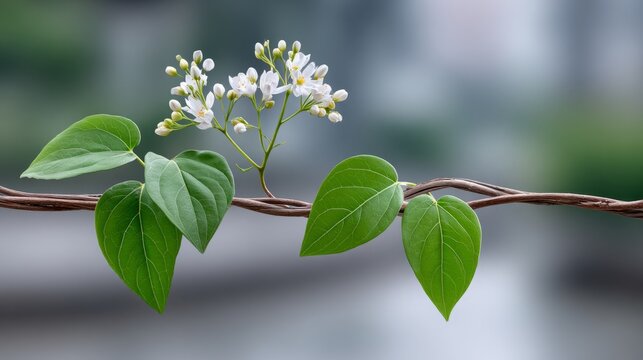 Flowers and leaves growing on a vine near a blurred urban background