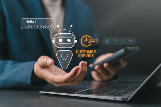 AI chatbot customer service concept with virtual assistant support, 24/7 online communication, digital help desk, automation system, and smart business support via mobile device.