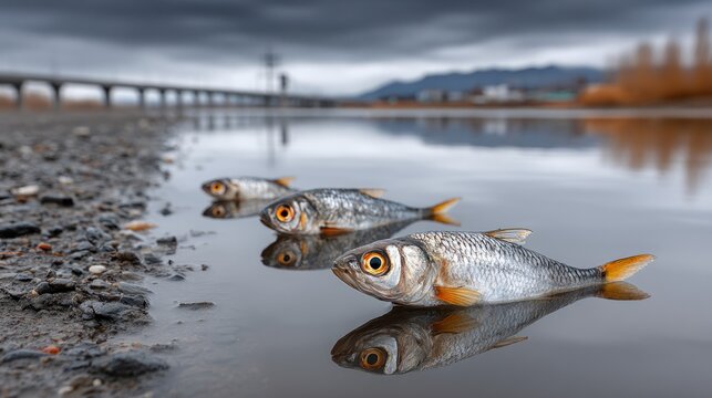 Dead fish on riverbank with reflections near bridge