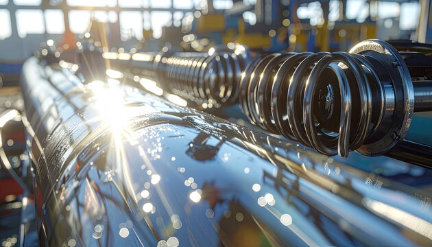 Shiny Coils in Factory: Gleaming metal coils glisten under the bright light inside a modern industrial plant, showcasing the precision and power of manufacturing.