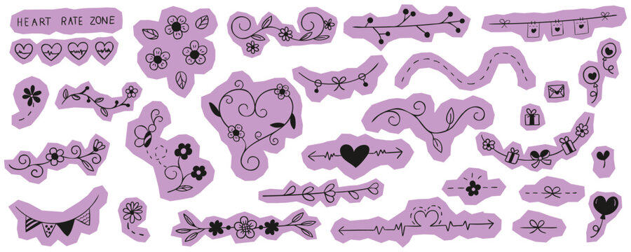 Scrapbook set of hand drawn purple decorative sticker featuring floral vines heart rate symbols bunting flags and elements for wellness planning and celebration vector design.