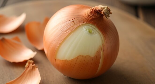 Close-up of a brown onion with peeling outer layers on a wooden surface