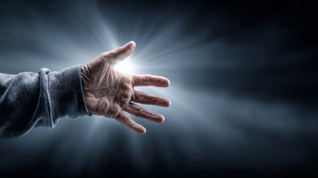 Silhouette of a man's hand reaching toward a heavenly light, symbolizing faith and prayer.