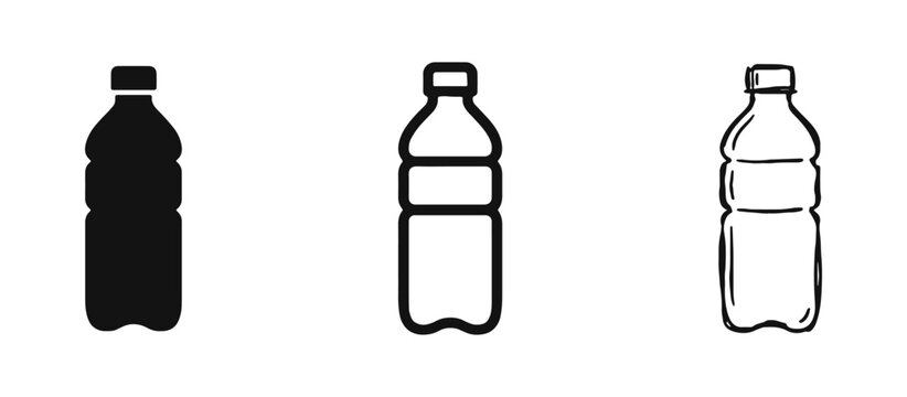 Plastic Water Bottle Icons, Beverage Drink Container and Recycling Symbol Set
