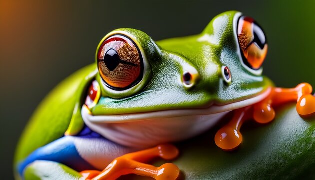 extreme close up of a tree frog showing microscopic textures vivid colors and intricate details soft natural lighting captured in ultra high resolution