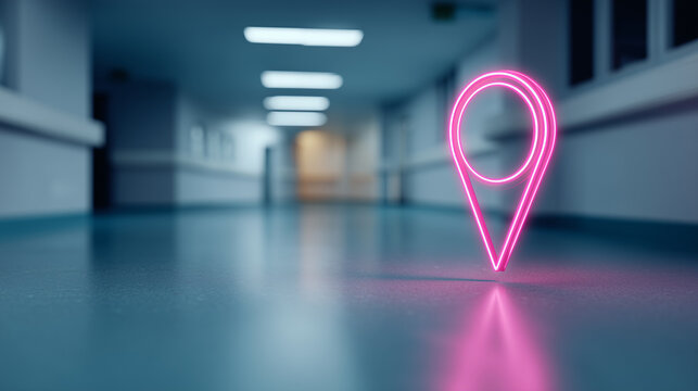 Neon location pin icon glowing in hospital corridor, healthcare navigation and medical facility concept, wayfinding, clinic location, emergency access, digital health service and m