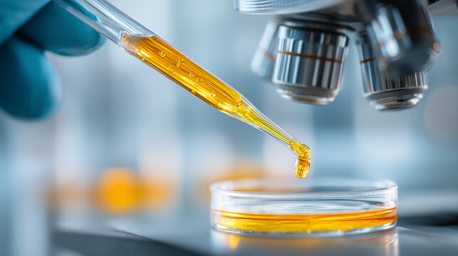 Close up of pipette with yellow liquid dropping into petri dish, laboratory experiment and scientific research concept.