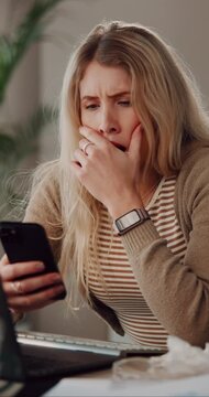 Woman, phone and texting with yawn for remote work from home, tired or exhausted with web chat. Person, virtual assistant and notification on app with computer, burnout or fatigue for freelance job