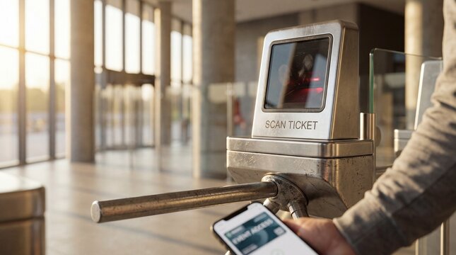 Person Scanning Digital Mobile Ticket on Smartphone at Modern Event Entrance Turnstile for Secure Building Access