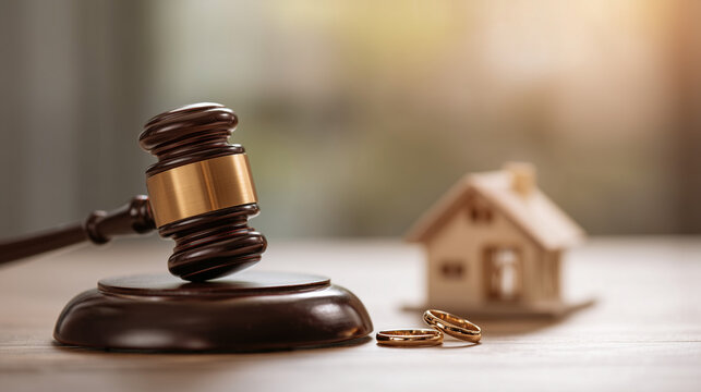 Judge gavel with wedding rings and house model, divorce and property division concept.