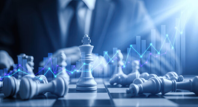 Businessman playing chess with glowing blue stock market graphs in background strategy