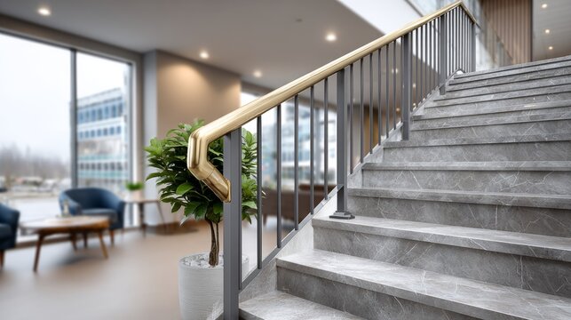 Stairs with handrail and plant in modern lobby setting