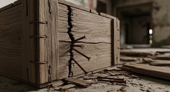 Cracked wooden crate with rusty nails