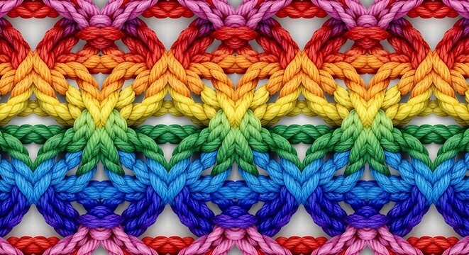 Intricate rainbow knit pattern with woven textured threads forming an abstract background design.