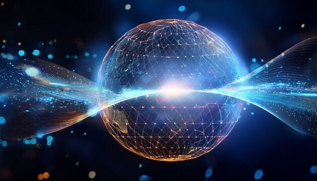 glowing digital sphere with futuristic data streams on dark background with bokeh lights representing advanced technology and global connectivity
