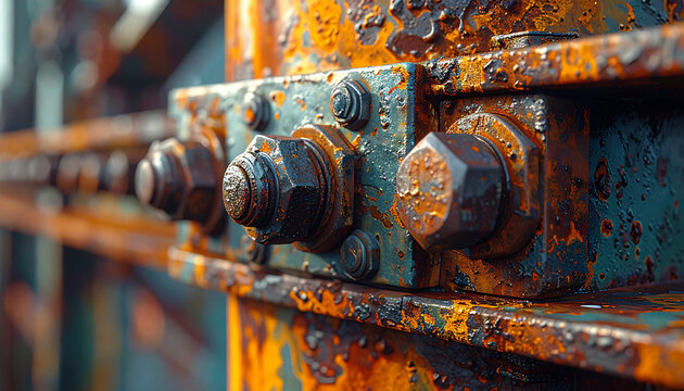 Decaying Structure: A close-up showcases the ravages of time and the elements on a once-sturdy metal structure, revealing layers of rust and corrosion that speak of the relentless forces of nature.