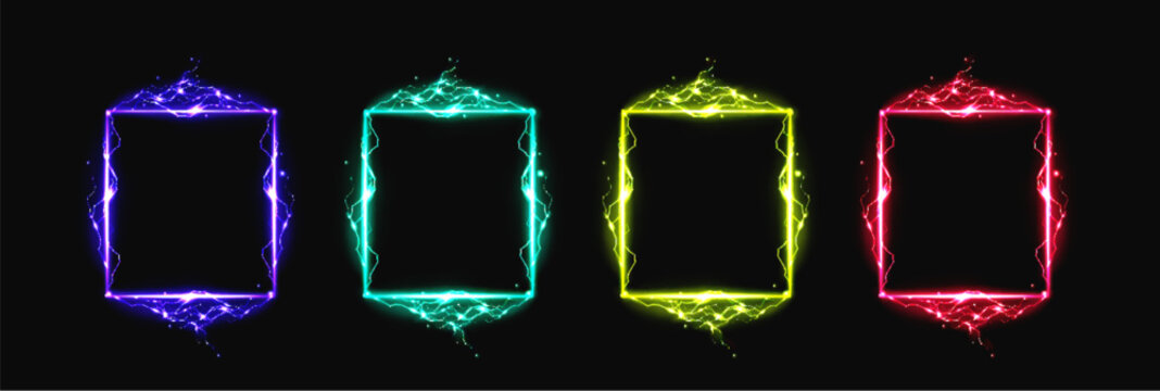 Colorful neon glowing rectangular frames with electrical lightning effects