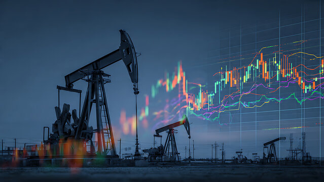 Oil pump jacks with financial charts superimposed, set against a dramatic, moody sky, ideal for energy reports, investment analysis, and market forecast presentations