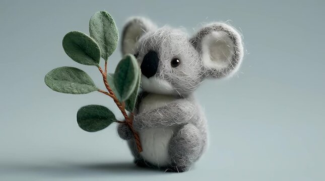 Tiny 3D felt koala hugging a soft fabric eucalyptus branch, fuzzy grey texture, handcrafted needle felt details, soft studio lighting, minimalist design.