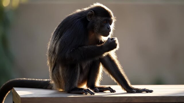 Thoughtful monkey sitting on a wooden surface illuminated by warm golden hour sunlight