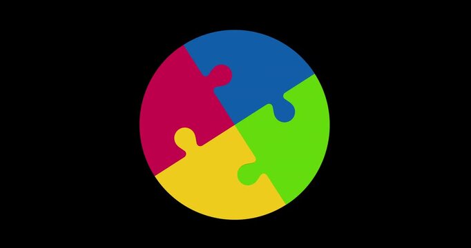 Colorful circular puzzle animation with interlocking pieces forming a complete shape. Symbol of unity, integration and teamwork. Clean modern loop background.