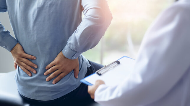 Male patient showing lower back pain during doctor consultation, medical examination scene with physician holding clipboard, healthcare diagnosis, spine pain symptoms and clinical