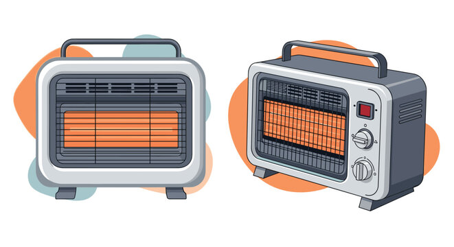 Two portable electric space heaters shown from different angles with glowing orange elements for home heating during winter.