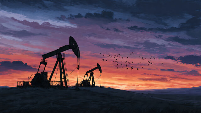 Silhouette of oil pump jacks against dramatic sunset sky, concept for energy industry, environmental awareness and sustainable development